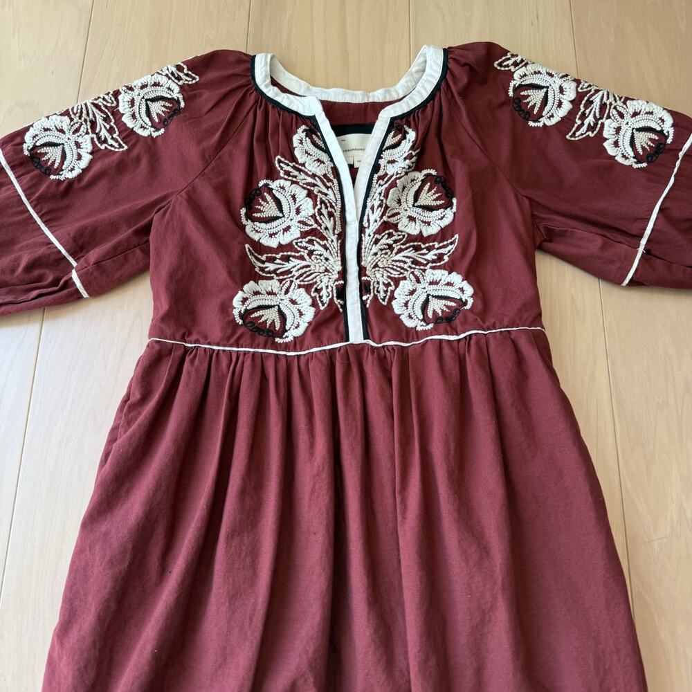 Anthropologie Gretel Embroidered Folk Peasant Maxi Dress XS Maroon Glam Boho - Picture 3 of 7